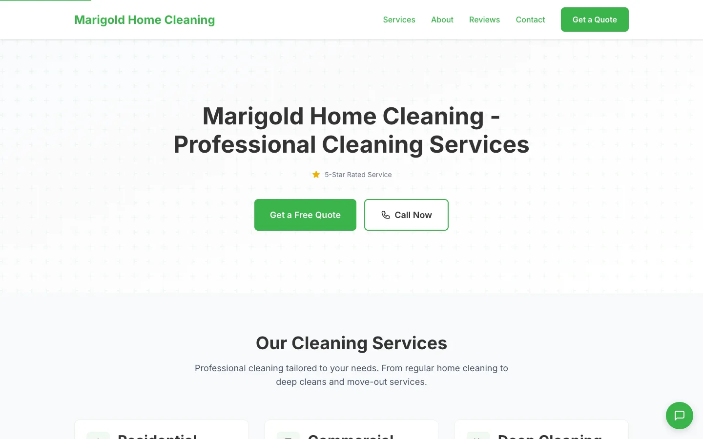 A published CleanRev tenant website — Marigold Home Cleaning — with hero, quote CTAs, and a 5-star rating