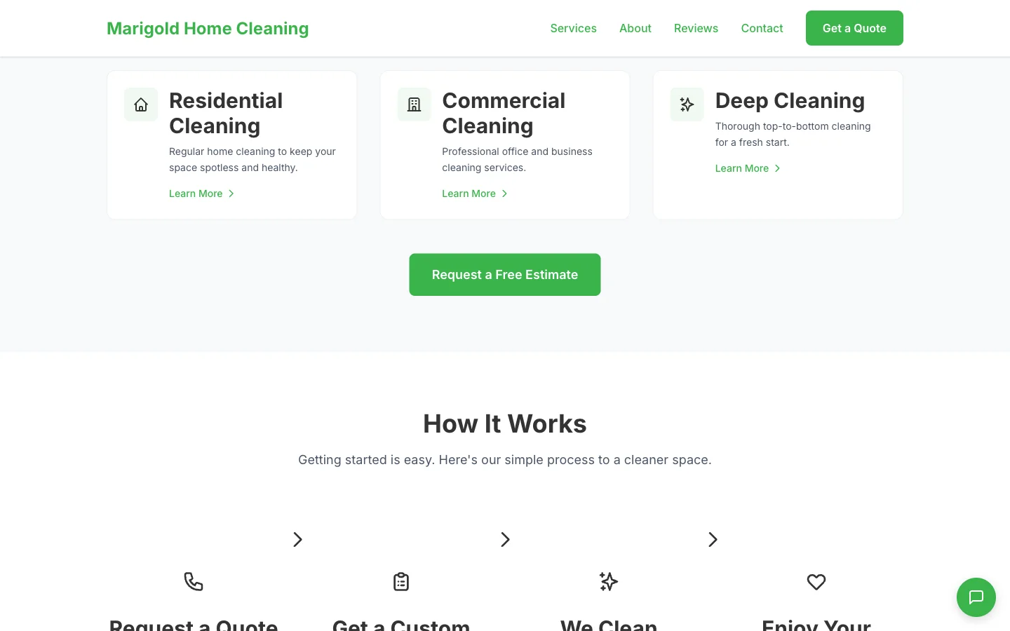 The website's services section — Residential, Commercial, and Deep Cleaning cards with a Request a Free Estimate button