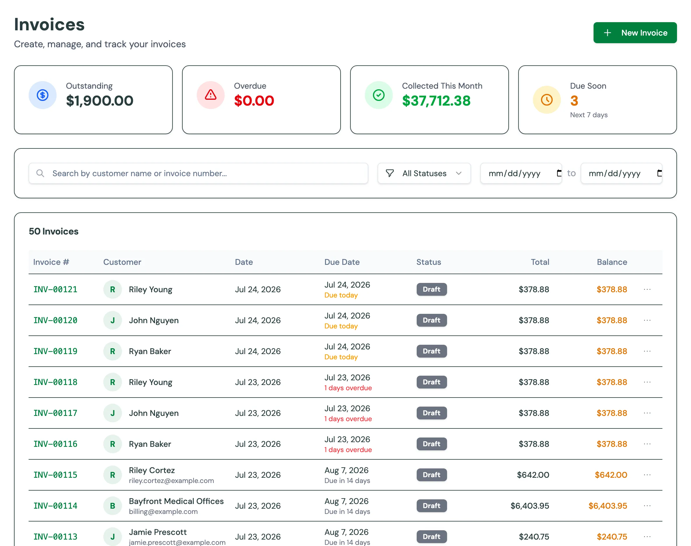 CleanRev invoices screen showing outstanding, collected, and due-soon totals with a list of real customer invoices and balances