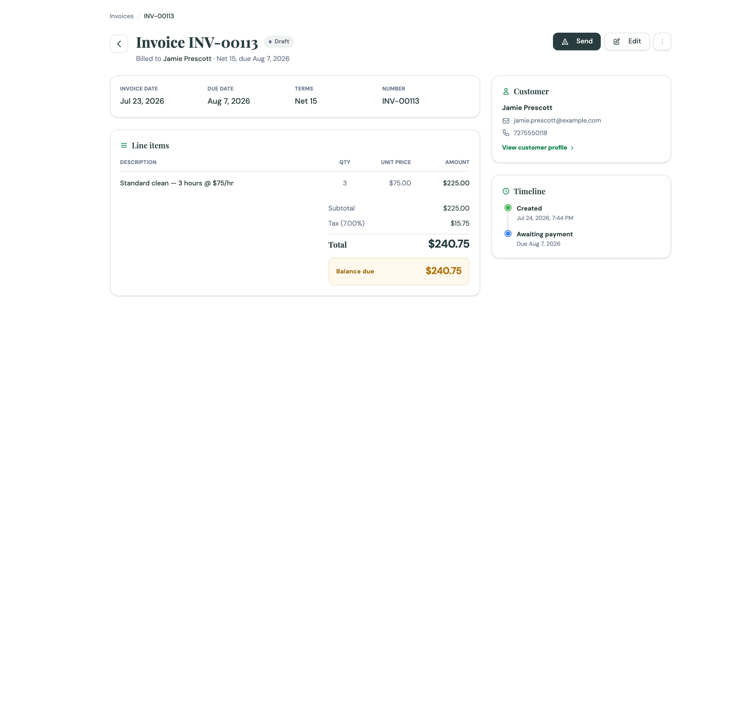 A CleanRev invoice (INV-00006) billed to Elena Torres for a 1,750 sq ft standard cleaning in St. Petersburg, FL — line item $120.00, 8.25% tax, $129.90 total with the balance due highlighted, plus the customer and service-address cards.