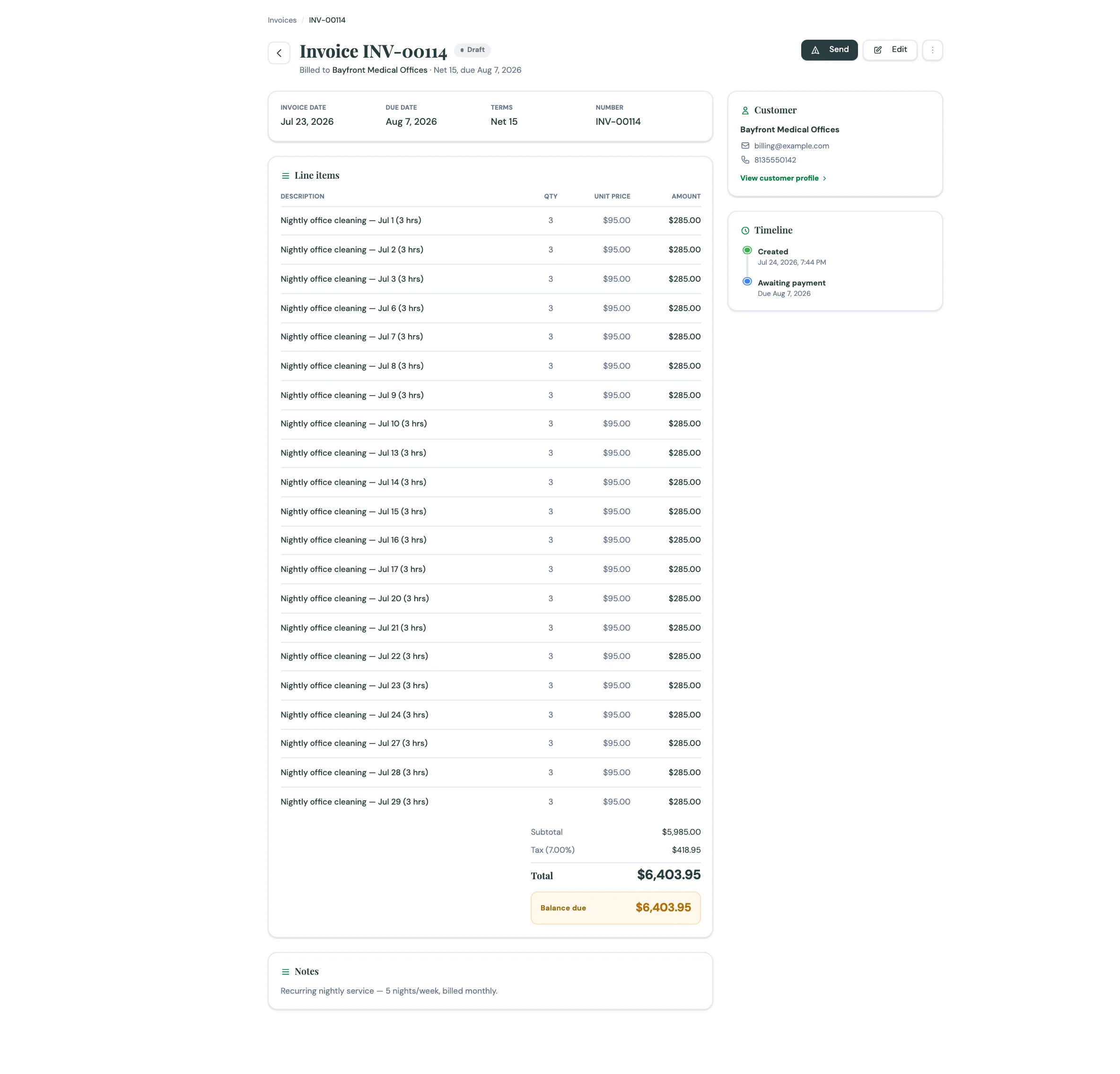 A CleanRev invoice (INV-00005) billed to the commercial account Harborview Suites for a 2,000 sq ft standard cleaning at 300 Beach Dr NE, St. Petersburg, FL — $129.90 total, awaiting payment.