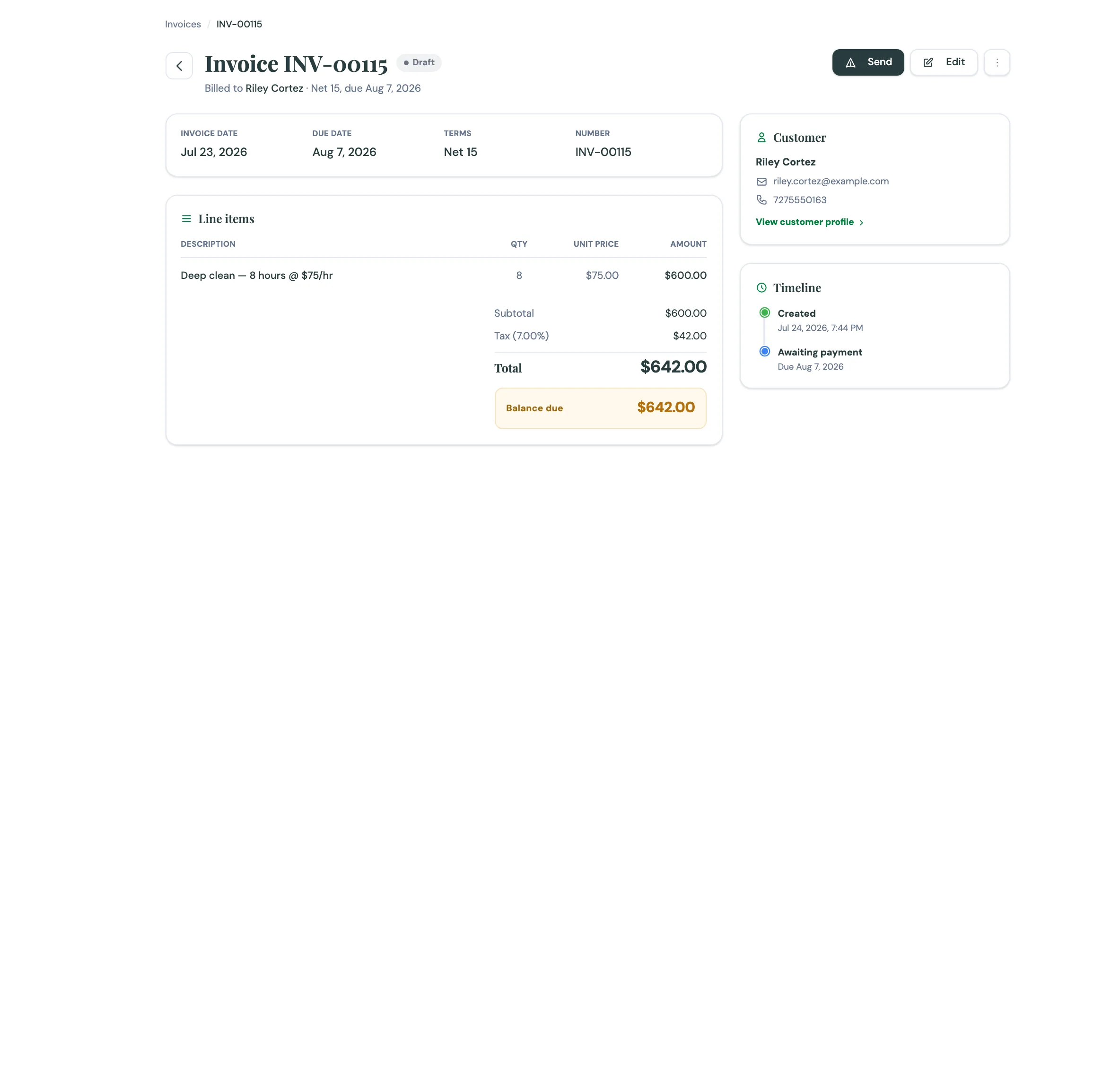 A CleanRev invoice (INV-00004) billed to Priya Sharma for a 1,250 sq ft deep cleaning at 88 Beach Dr NE, St. Petersburg, FL — $129.90 total, with a linked related job and one-tap Download PDF / Send actions.