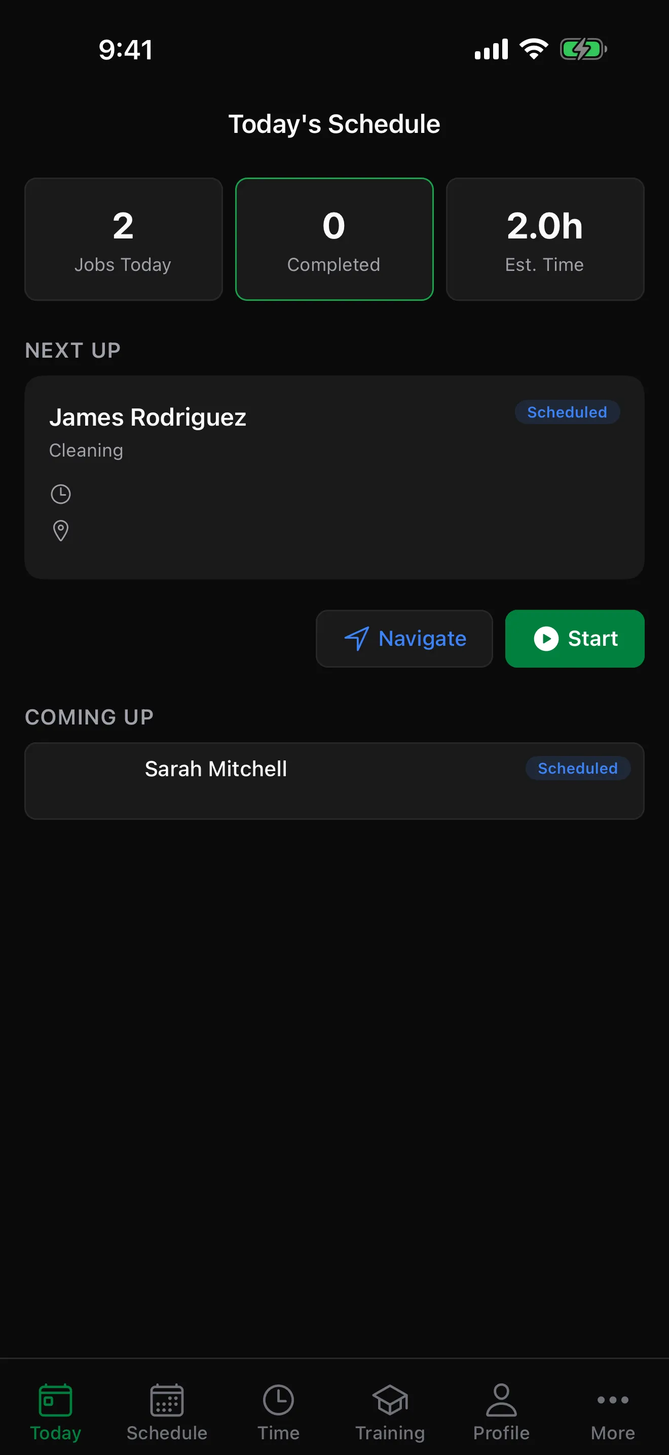 The CleanRev worker app 'Today' screen: 2 jobs today, next up James Rodriguez (Cleaning) with Navigate and Start buttons, and Sarah Mitchell coming up.
