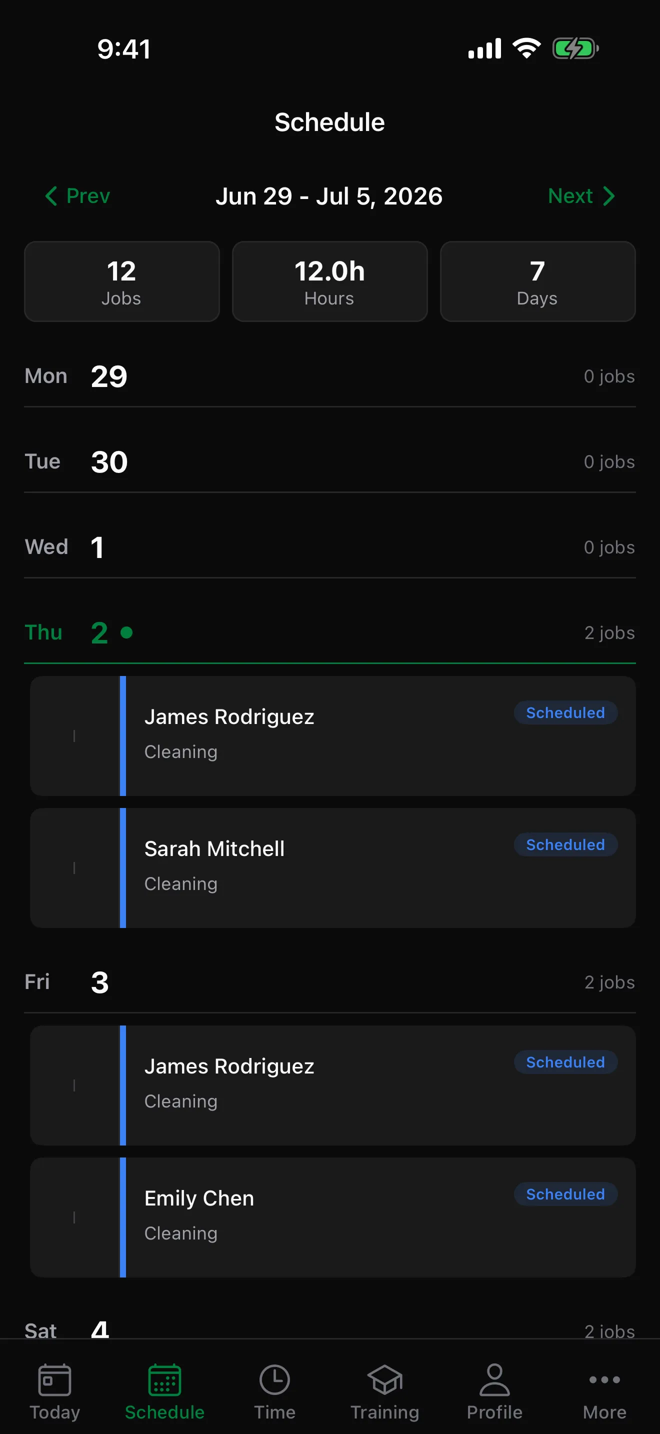 The CleanRev worker app 'Schedule' screen: the week of Jun 29 – Jul 5, 2026 with 12 jobs over 12 hours across 7 days, each day's jobs listed with customer and status.