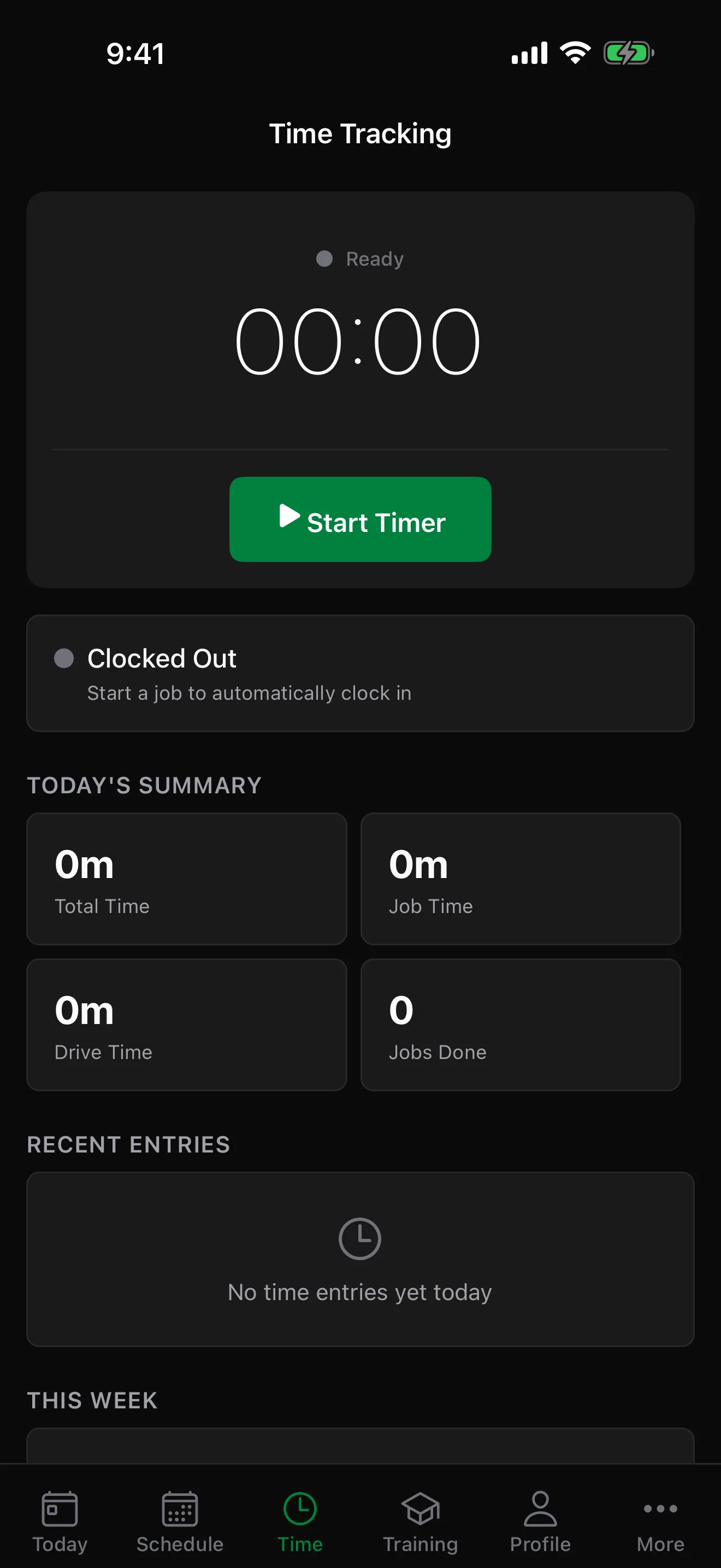 The CleanRev worker app 'Time Tracking' screen: a start-timer control, today's summary of total time, job time, drive time and jobs done, and recent time entries.